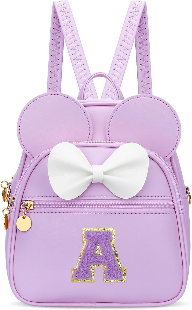 KKXIU Girls Initial Bowknot Cute Mini Backpack for Toddler, Travel Small Girl Backpacks, Personalized Birthday Gifts for Little Girls and Kids(A, Purple)
