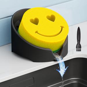 NiHome Silicone Sponge Holder Compatible with Scrub Daddy Mommy Sponges for Kitchen & Bathroom, Auto Draining Organizer, Holds Multiple Sponges & Cleaning Tools, Food-Grade, Dishwasher Safe (Black)