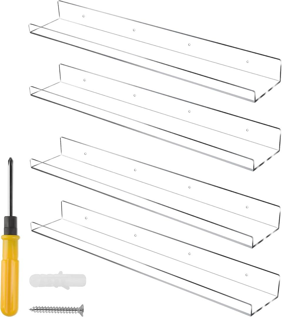 24 Inch Clear Floating Shelves 4 Pack Acrylic Shelves Invisible Floating Wall Ledge Bookshelf 5MM Thick Book Display Shelves Wall Mounted Bathroom Kitchen Organizer
