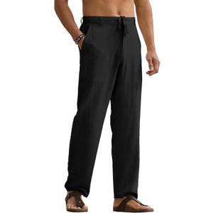 HOTake Men's Linen Pants Casual Beach Summer Vacation Linen Dress Pants Loose Fit (XX-Large, Black)