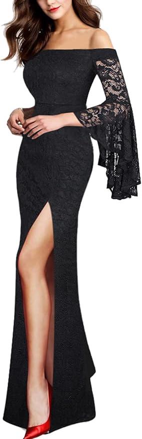 VFSHOW Women's Off Shoulder Bell Sleeve Formal Evening Wedding Party Maxi Dress, Small