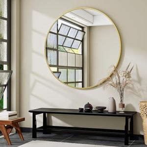 VooBang Large Gold Round Bathroom Mirror 48" with Thin Metal Frame | Circle Wall Mounted Mirror Hanging or Leaning Decor for Hallway, Entryway, Fireplace Mantel, Living Room