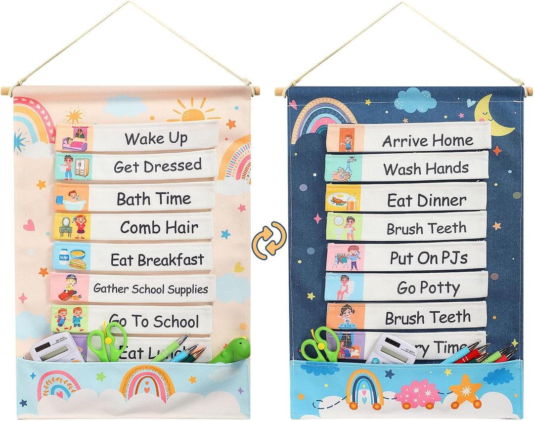 Blosssound Visual Schedule for Kids Chore Chart Morning Bedtime Routine Chart Hippie Boho Daily Calendar Double Side Planner Board with 28 Cards for Home School Toddlers Autism Learning Materials