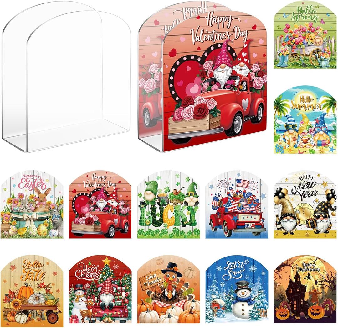 Patelai 14 Pcs Holiday Acrylic Napkin Holder Interchangeable Seasonal Decor Guest Napkins Holder for Table Cocktail Kitchen Valentines St. Patricks Easter Vertical Tissue Paper Dispenser(Classic)