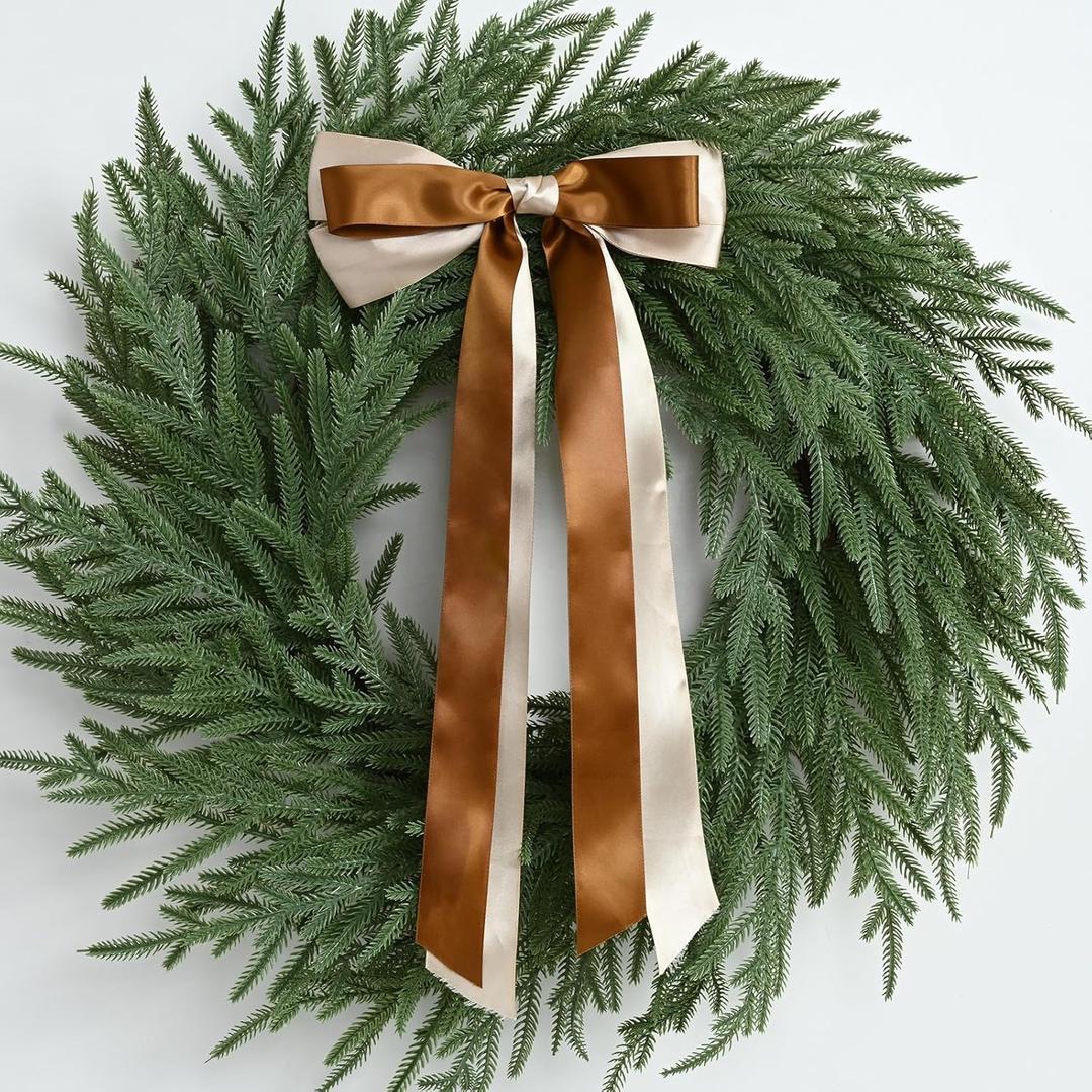 Christmas Decorations -24 Inch Christmas Wreath, Norfolk Pine Wreath, Christmas Wreaths for Front Door, Christmas Door Wreath with Bow Ribbon for Home Table Wall Window Indoor Outdoor (Real Touch)