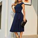 DRESSTELLS Women's Cocktail Dresses, Formal Wedding Guest Modest Church Vintage Tea Party Midi Evening Dress (Blue, XL)