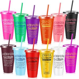 Uiifan 12 Pcs Chaos Coordinator Plastic Tumbler Gift for Women Boss 24 oz Reusable Tumbler Bulk with Lids and Straws for Christmas Party Birthday Employee Office Teacher Gift(Multiple Colors)