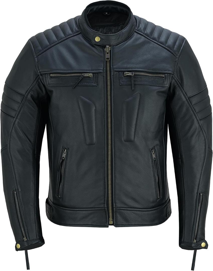 Men’s Leather Motorcycle Jacket, Distressed Biker Riding Jacket with Armor Pockets, Removable Liner (Black), Large