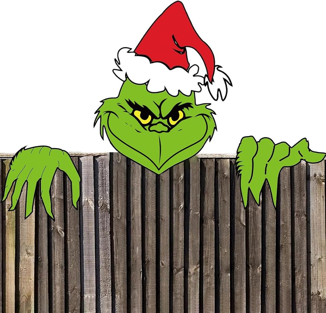 Christmas Decorations Outdoor - Fence Yard Sign with Green Gnome Hand Head for Holiday Christmas Xmas Fence Peeker Decorations Outside