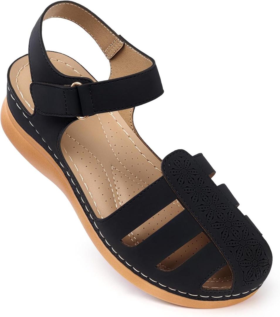 SHIBEVER Closed Toe Sandals Women: Summer Dressy Wedge Sandal - Fisherman Comfortable Hollow Out Sandals (10.5, 80-black)