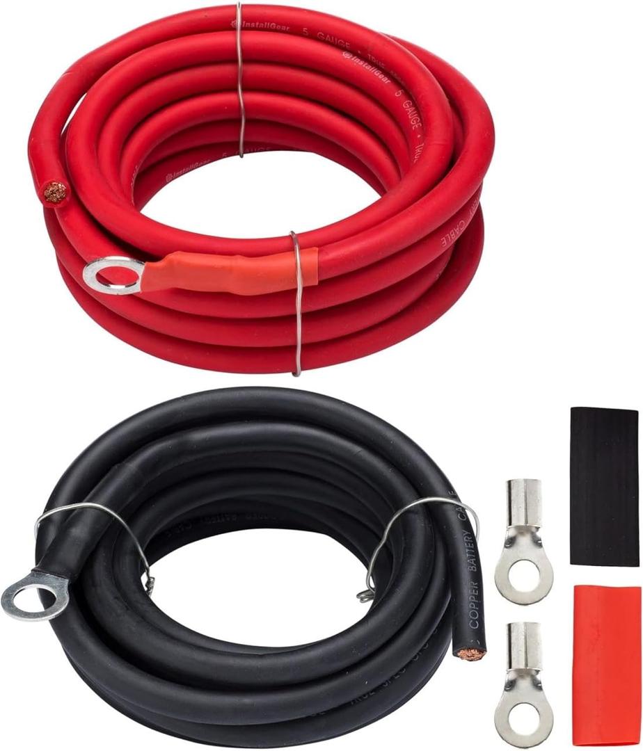 InstallGear AWG 5 Gauge 10ft Battery Power Inverter Cables - 2ct Red/Black Battery Cable for Solar, Auto, RV and Marine, Lawn Mower - 99.9% Deoxigenized Copper, Set - Battery Cable Wire - Battery Wire