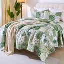 Cmfshape Romantic Patchwork Quilt Set King Size,Reversible Bedspread Coverlet 3-Piece,Floral Bed Cover Set with Pillow Shams,Lightweight Microfiber Bedding Set for All Season (Green,102x90)