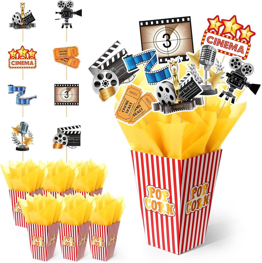 LemonRoad 6 Sets 74 Pcs Movie Night Party Centerpieces Movie Night Theme Decorations Ticket and Star Table Toppers with Popcorn Box Theater Cutouts and Sticks for Theater Party Birthday Decor