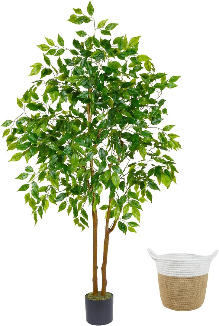 Warmplants Artificial Ficus Tree, 5ft Tall Fake Ficus Tree with Basket, Faux Plant for Indoor Outdoor Home Livingroom Office Garden Porch Dcor