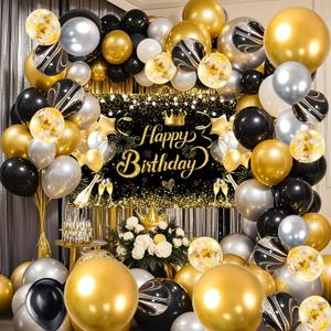 80 PCS Black Golden Happy Birthday Party Balloons Decorations Set with Photo Background Backdrop Banner Cloth 3PCS 18in. Metal Gold Balloon Black Gold Happy Bday Party Supplies for Men Women