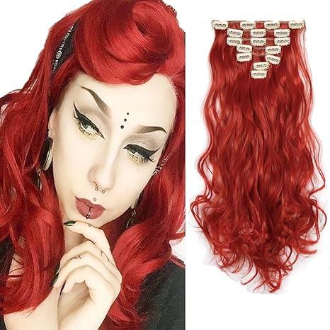 Heat Resistant Synthetic Fibre Wavy Curly Red Hair Extension Clip on Hair Wig Woman's 20inch 100g Natural Hairpiece Clip in Hair Pieces Extensions for Women (Bright Red-#113, 7pcs/16clips)