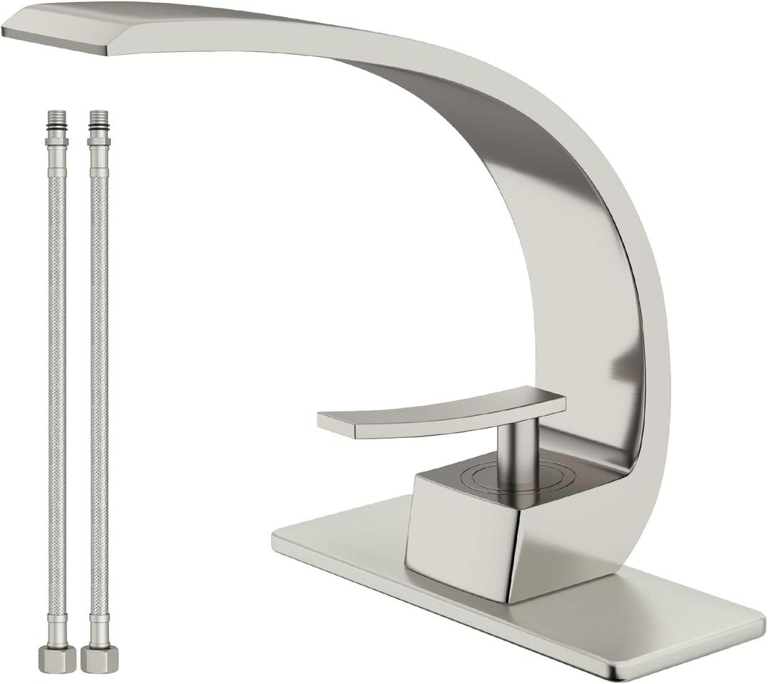 Bathroom Sink Faucet Modern Single Hole 1-Handle Faucet, Brushed Nickel Solid Brass Faucets, Mount Curved Lavatory Faucets Mixer Tap