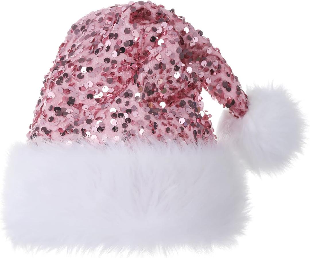 Personalized Sequin Santa Hat for Adults, Red Glitter Christmas Party Hat, Xmas Halloween New Year Holiday Headwear (Light Pink)