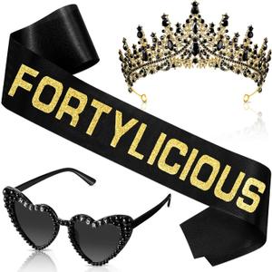 3 Pcs 30th/40th/50th/60th/70th Birthday Decorations for Women Men, 30/40/50/60/70th Birthday Crown Sash Sunglasses (Black Gold)