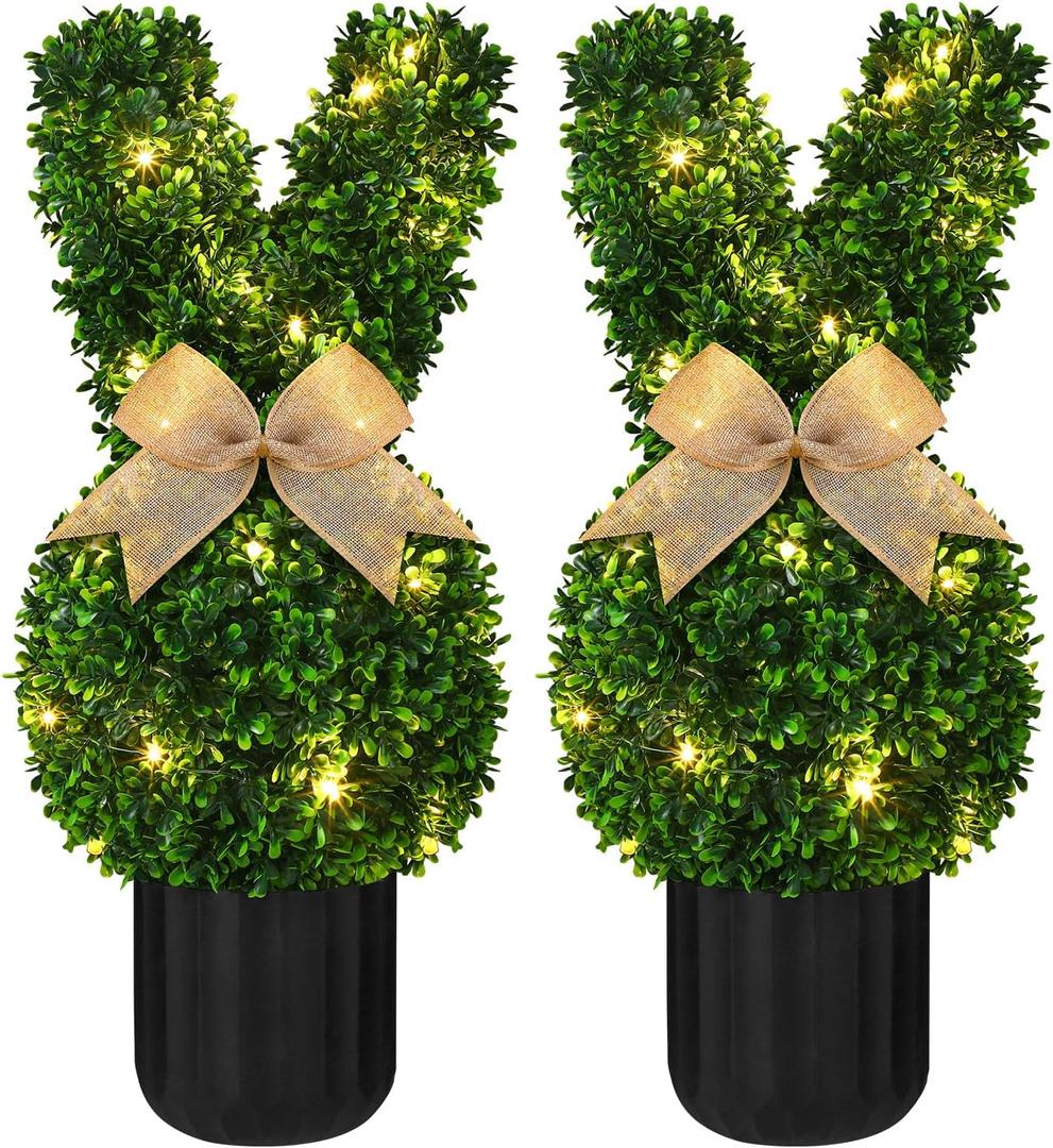Wavwavw 2 Sets Easter Bunny Topiary Tree Artificial Rabbit Topiary Outdoor Decorations 23.6 in Artificial Bunny-Shaped Tree Faux Boxwood Plant with String Lights for Garden Home Indoor Porch Decor