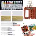 Pocket Artist Watercolor Travel Set, with 1 Walnut Wood Portable Palette (8 Grids), 12 Vibrant Paints, 2 Sketch Books, 6 Brush Pens, Mini Watercolor Paint Set for Artists, Outdoor or Urban Sketchers