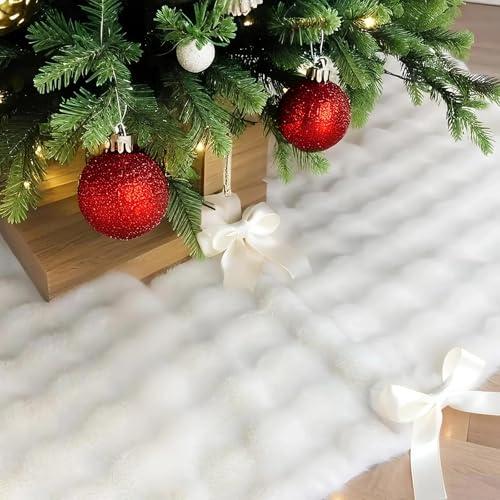 72 Inch Christmas Tree Skirt, Extra Large White Faux Fur Tree Skirt, Thick Soft Plush Big Xmas Tree Skirts with Satin Ribbon Ties for Outdoor Indoor Merry Christmas Party 6/7/7.5/9ft Tree Decoration
