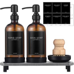 Kitchen Soap Dispenser Set with Instant Dry Tray,16 Oz Hand and Dish Soap Amber Glass Dispenser Set,Stainless Steel Pump,Waterproof Labels&Dish Brush,Luxury Soap Bottle for Kitchen,Bathroom