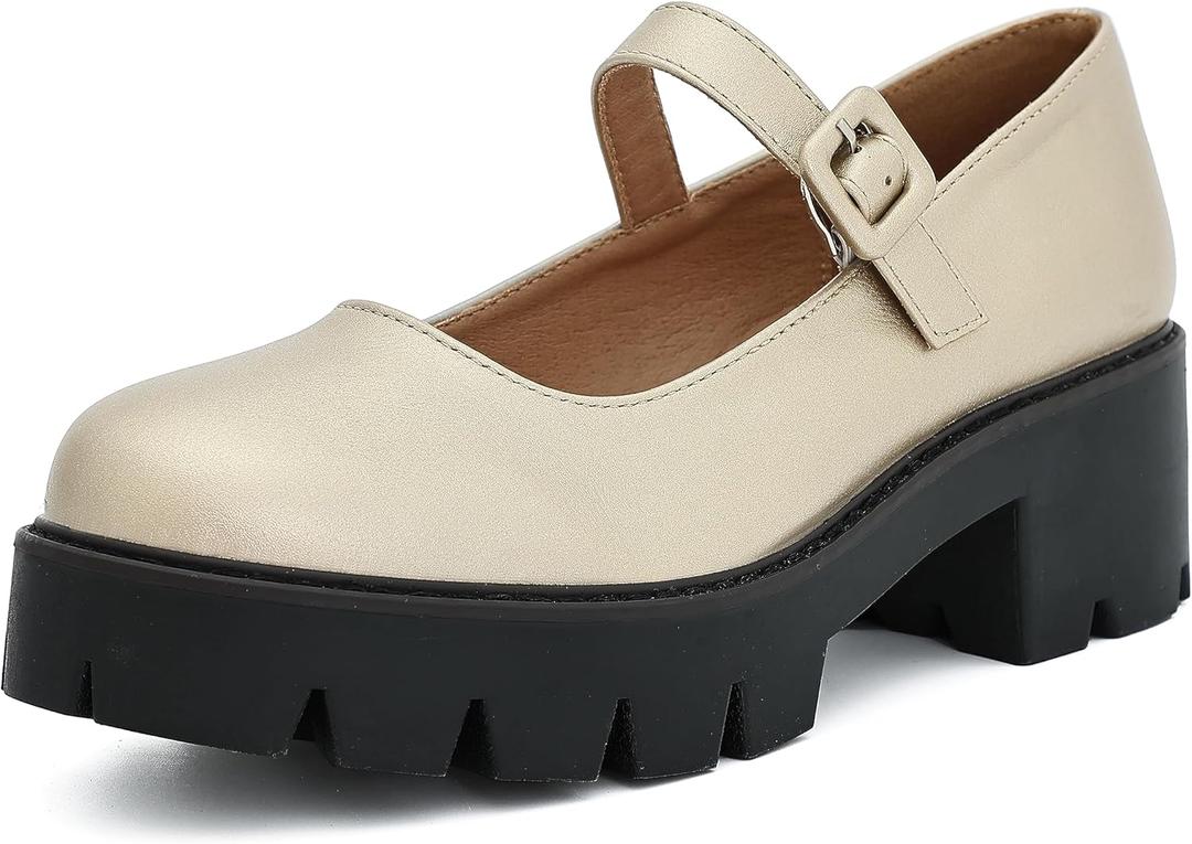 Women's Round Toe Ankle Strap Mary Janes Platform Low Heel Chunky Pumps Oxford Dress Shoes (8), Gold PU