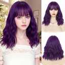 NAYOO Purple Wig With Bangs - 14 Inch Dark Bob for Women, Shoulder Length Short Curly, Middle Part, Cosplay Girls Costume