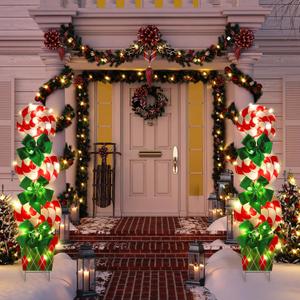 Skylety Christmas Peppermint Candy Outdoor Decorations 44 Inch Xmas Yard Signs Stake Decors with LED String Lights for Lawn Pathway Walkway Party (2 Sets)