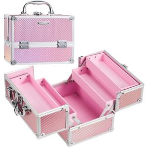 FRENESSA Makeup Train Case Portable Makeup Case Organizer Cosmetic Box Make Up Box Makeup Organizer Cosmetic Storage Cases with Locking Nail Kit Organizer Travel Case Mermaid Pink