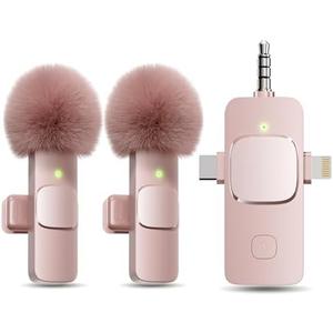 PQRQP 3 in 1 Wireless Lavalier Microphone for iPhone, iPad, Android, Camera, Mini Microphone, 7-Hour Battery, High Definition Sound Quality for Interview, Video Podcast, Vlog (Pink)