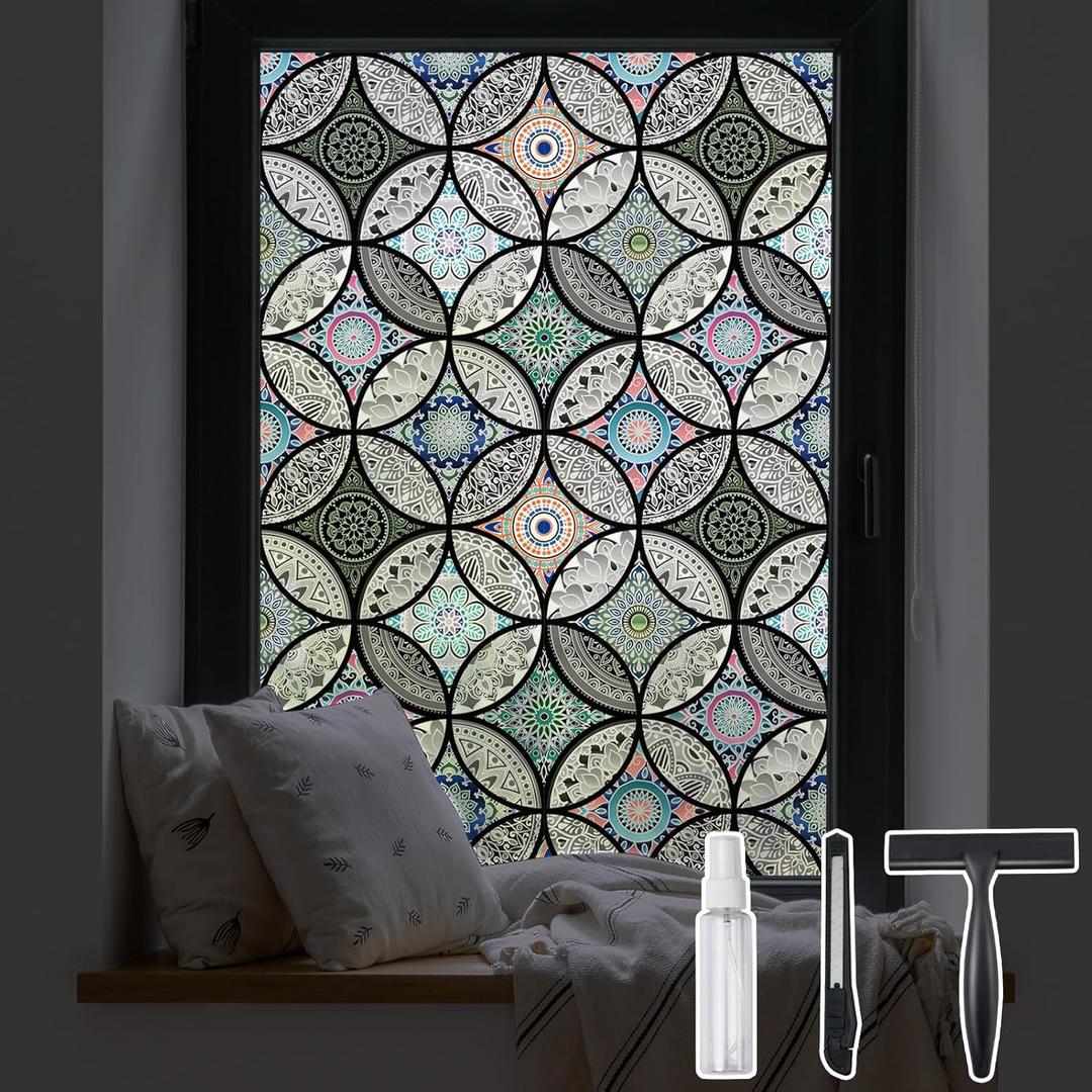 DKTIE Static Cling Decorative Window Film with Installation Tools Non Adhesive Privacy Film, Stained Glass Window Film for Bathroom Shower Door Heat Cotrol Anti UV 17.7 x 78.7 Inch (Black)