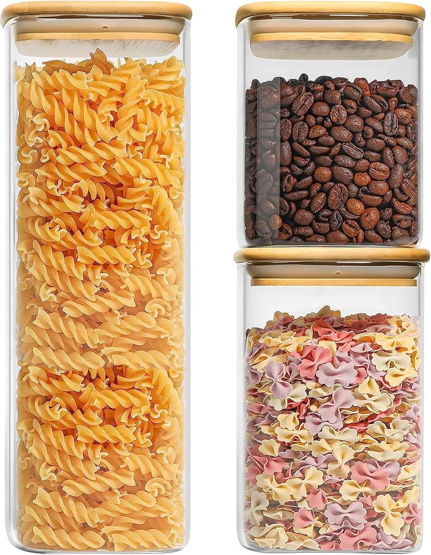Glass Food Storage Jars Set of 3 with Bamboo Lid Airtight Glass Storage Canister, Square Kitchen Clear Food Storage Container Jar, for Pasta, Coffee, Cookies, Nuts, Cereal, Oats, Flour