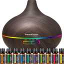 InnoGear Aromatherapy Diffuser & 10 Essential Oils Set, 400ml Diffuser Ultrasonic Diffuser Cool Mist Humidifier with 4 Timers 7 Colors Light Waterless Auto Off for Valentine's Gift, Dark Wood Grain