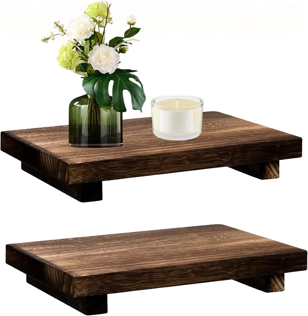 2 PCS Wood Pedestal Stand Risers for Decor, Small Wooden Tray Farmhouse Bathroom Decor for Soap Bottle Plant Makeup Candles Towels Jewelry, 9 x 5.9 x 1.57 Inch