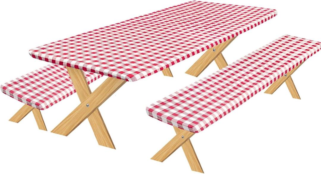 OutdoorLines Vinyl Fitted Picnic Table Cover with Bench Covers - Elastic Waterproof Camping Tablecloth for Picnic Table (Checkered Red 96x30 Inch, 3 Pcs)