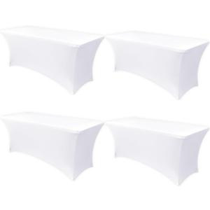 Obstal 8ft Stretch Spandex Table Cover - 4 Pack Universal Rectangular Fitted Tablecloth Protector for Wedding, Banquet and Party, White