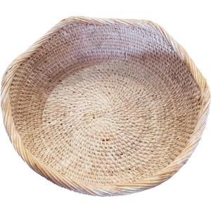 Handmade White Rattan Round Fruit Basket Food Storage Bowls Kitchen Organizer Snack Serving Bowl Wavy Edge Circle Tray Basket, Boho Home Dcor Display Tray for Table, Dining Room,M (M - D10 x H2.8 inch)