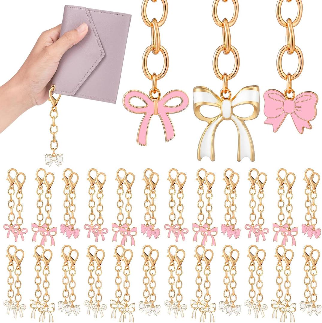 Sureio 30 Pcs Pink Bow Keychains Party Favors Bow Key Chains for Women Team Cheer Coquette Preppy Bachelorette Western Wedding Birthday Gift (Pink and White, Bow)