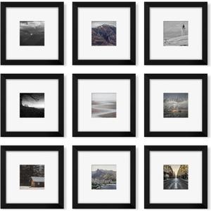 8x8 Picture Frame Set of 9, Photo Gallery Wall Frame Set, Display Pictures 4x4 with Mat or 8 x 8 Without Mat, Square Frame Picture Frames Collage Wall Decor, Black