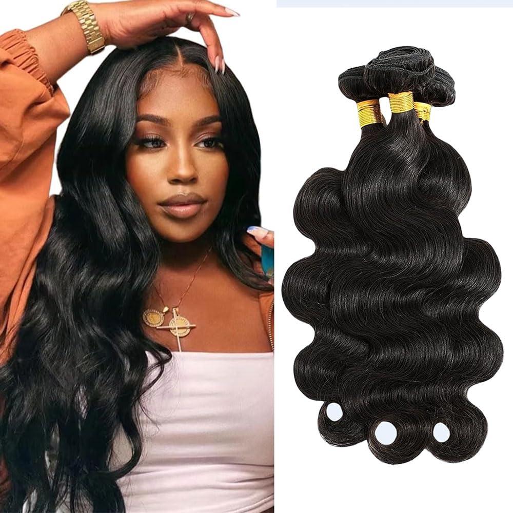 Body Wave Human Hair Bundles #1B Body Wave Bundle 22 24 26 Inch Unprocessed Human Hair Extensions Natural Black Color (100 Gram Per Bundle,Total 300 Gram)