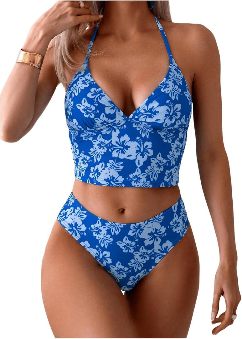Floerns Women's Floral Print Halter Neck Tankini Top Two Piece Bathing Swimsuit (X-Large, Blue Lake)