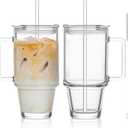 KEMORELA Glass Cups with Lids and Straws 2PCS, 24oz Clear Tumblers with Handle, Reusable Drinking Glasses for Iced Coffee, Tea, Water, Leak Proof Lid, Dishwasher Safe