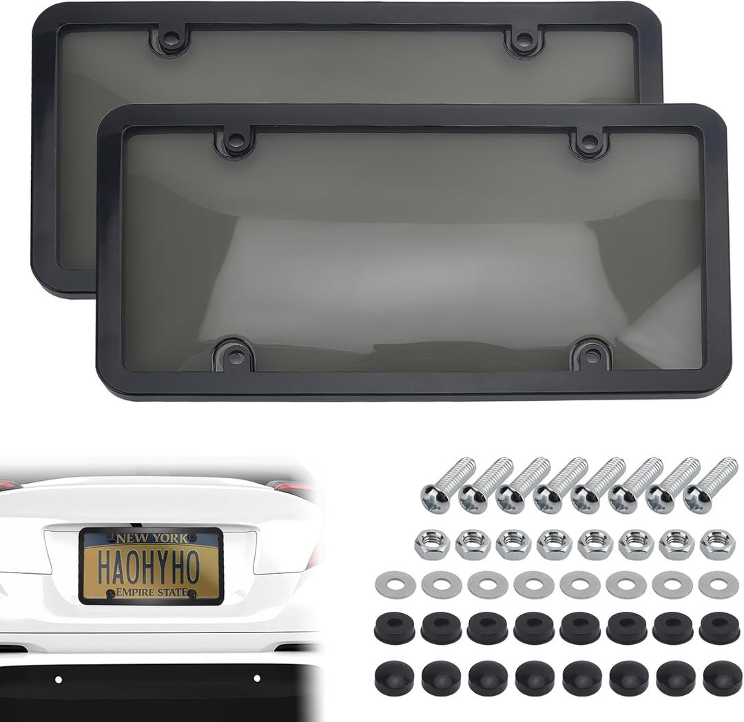 2PCS Clear License Plate Covers and Frames, Personalized License Plate Frame with Screws Screw Caps Washers, Rust-Proof Auto LicensePlate Holder, Universal License Protector for Standard US Plates