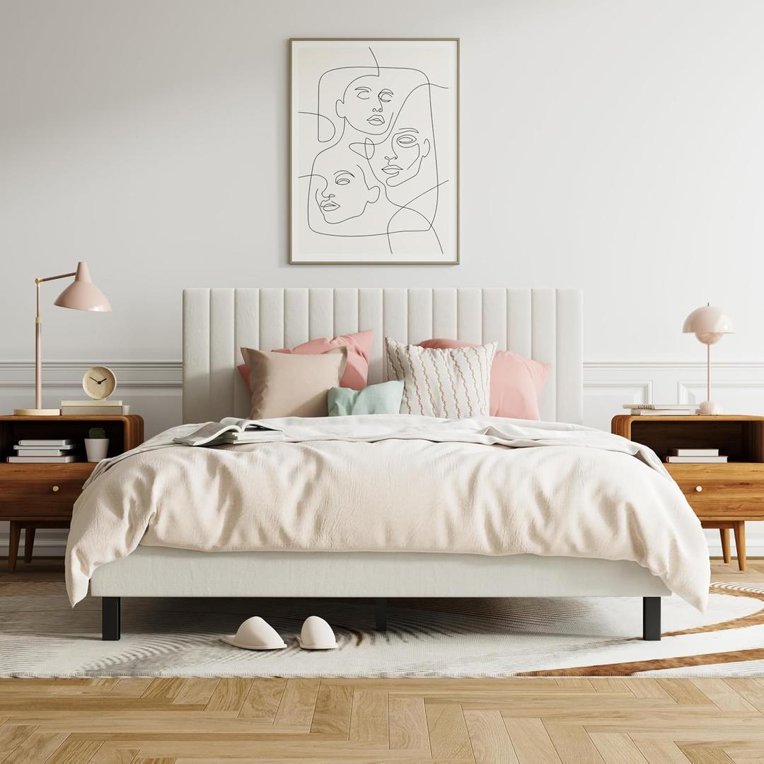 Full Size Upholstered Platform Bed Frame, Modern Beige Fabric Bed with Vertical Tufted Headboard, No Box Spring Needed, Sturdy Slat Support for Bedroom, Easy Assembly(Beige, Full)