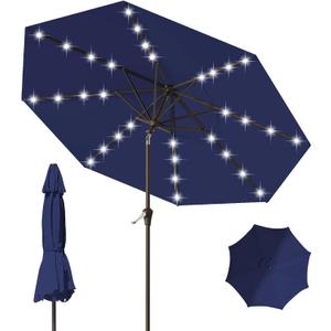 9FT Patio Umbrella with Solar Lights,Outdoor Market Umbrella with Tilt and Crank, LED Lighted Table Umbrella for Garden,Deck,Backyard,Pool,Beach (Navy)