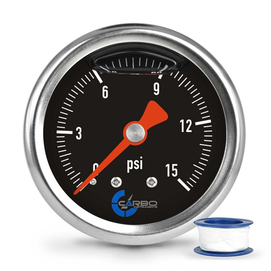 1-1/2" Fuel Pressure Gauge, Stainless Steel Case 304, Chrome Plated Brass Connection, Glycerin Filled, 0-15 Psi, Accuracy 3-2-3%, Back Mount 1/8" NPT Black Dial