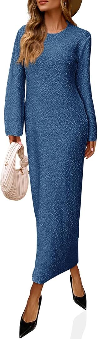 Saodimallsu Womens Long Sleeve Midi Sweater Dress Crew Neck Swiss Dot Soft Knit Casual Fall Trendy Maxi Dresses (Large, Navy)
