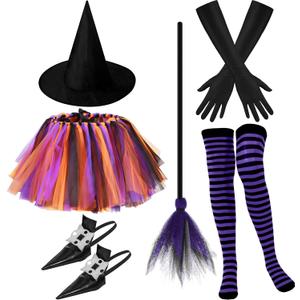 Seematn 6 Pcs Halloween Witch Costume Sets for Women, Purple Tutu Witch Accessories, Include Broom, Shoes Covers, Tutu Outfit, Hat, Gloves and Long Striped Stockings for Women Cosplay Party
